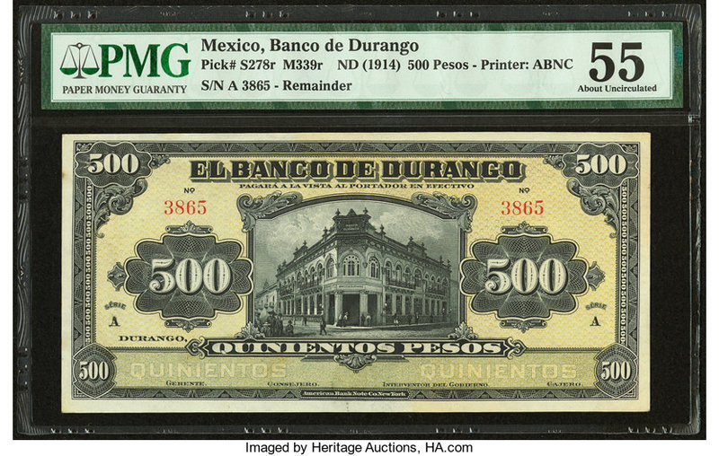 Mexico Banco de Durango 500 Pesos ND (1914) Pick S278r M339r Remainder PMG About...