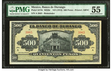Mexico Banco de Durango 500 Pesos ND (1914) Pick S278r M339r Remainder PMG About Uncirculated 55. 

HID09801242017
