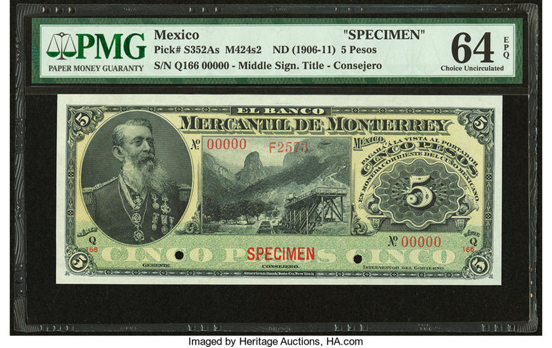 Mexico Banco Mercantil de Monterrey 5 Pesos ND (1906-11) Pick S352As M424s2 Spec...