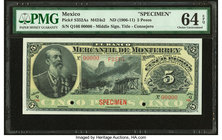 Mexico Banco Mercantil de Monterrey 5 Pesos ND (1906-11) Pick S352As M424s2 Specimen PMG Choice Uncirculated 64 EPQ. Two POCs.

HID09801242017