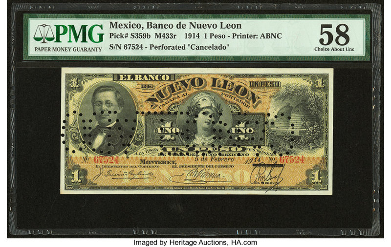 Mexico Banco de Nuevo Leon 1 Peso 5.2.1914 Pick S359b M433r PMG Choice About Unc...