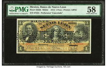 Mexico Banco de Nuevo Leon 1 Peso 5.2.1914 Pick S359b M433r PMG Choice About Unc 58. Perforated "Cancelado".

HID09801242017