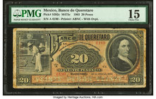 Mexico Banco de Queretaro 20 Pesos 30.7.1903 Pick S392c M475c PMG Choice Fine 15. Previously mounted; tear.

HID09801242017