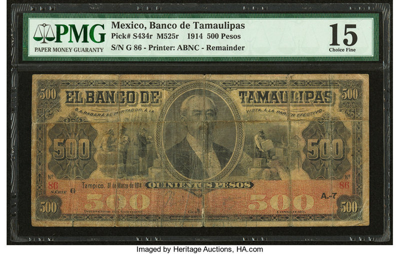 Mexico Banco de Tamaulipas 500 Pesos 13.3.1914 Pick S434r M525r Remainder PMG Ch...
