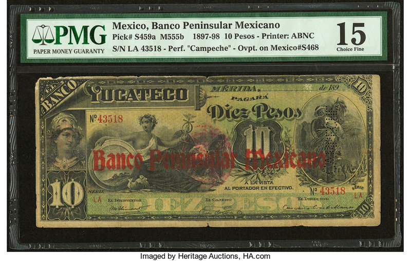 Mexico Banco Peninsular Mexicano 10 Pesos 1897-98 Pick S459a M555b PMG Choice Fi...