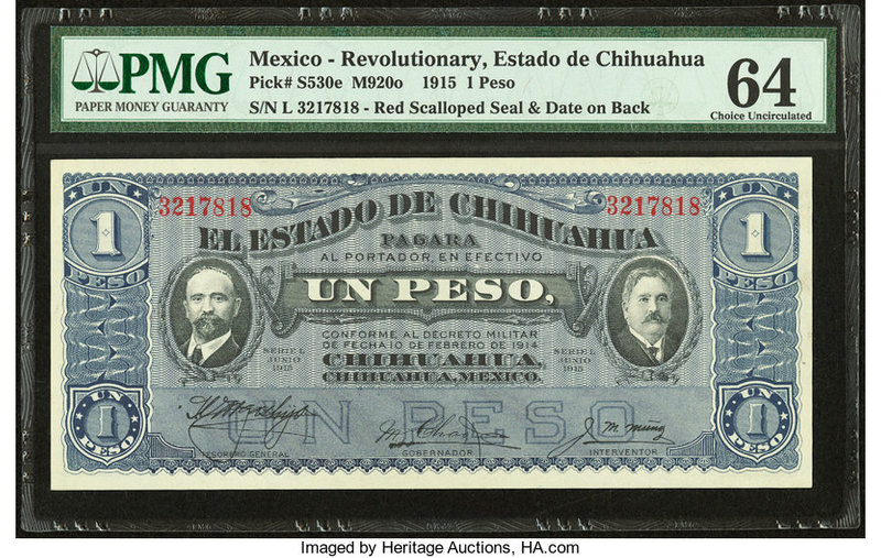 Mexico Estado de Chihuahua 1 Peso 1915 Pick S530e M920o PMG Choice Uncirculated ...