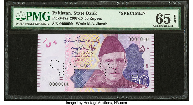 Pakistan State Bank of Pakistan 50 Rupees 2011 Pick 47s Specimen PMG Gem Uncircu...