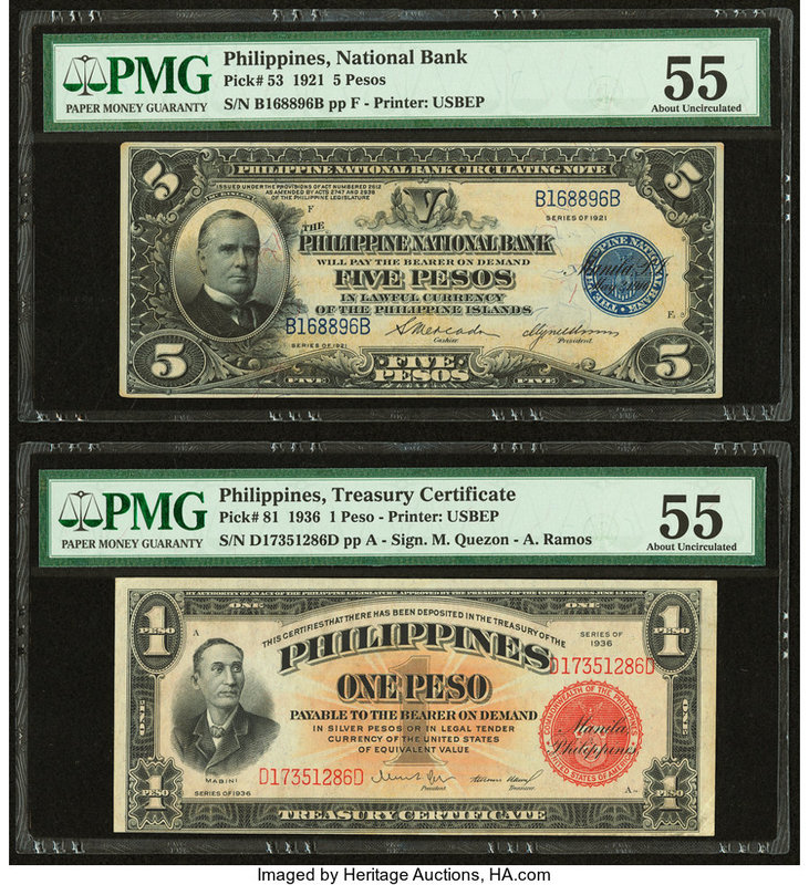 Philippines Philippine National Bank; Treasury Certificate 5; 1 Pesos 1921; 1936...