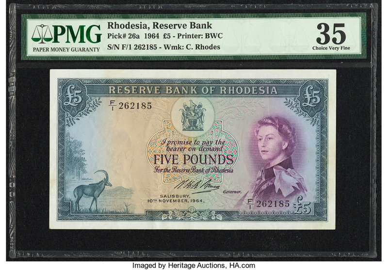 Rhodesia Reserve Bank of Rhodesia 5 Pounds 10.11.1964 Pick 26a PMG Choice Very F...