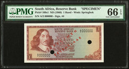 South Africa South African Reserve Bank 1 Rand ND (1966) Pick 109s1 Specimen PMG Gem Uncirculated 66 EPQ. A scarce top tier graded Specimen signed by ...