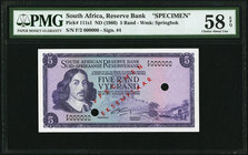 South Africa South African Reserve Bank 5 Rand ND (1966) Pick 111s1 Specimen PMG Choice About Unc 58 EPQ. Cancelled with two punch holes. 

HID0980124...