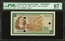 South Africa South African Reserve Bank 10 Rand ND (1966) Pick 114s1 Specimen PMG Superb Gem Unc 67 EPQ. A top graded Rissik Specimen. Cancelled with ...