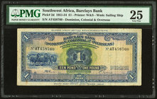 Southwest Africa Barclays Bank D.C.O. 2.1.1951 Pick 2d PMG Very Fine 25. An earlier dated Barclays Bank issue. 

HID09801242017