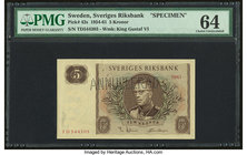 Sweden Sveriges Riksbank 5 Kronor 1954-61 Pick 42s Specimen PMG Choice Uncirculated 64. Pinholes.

HID09801242017