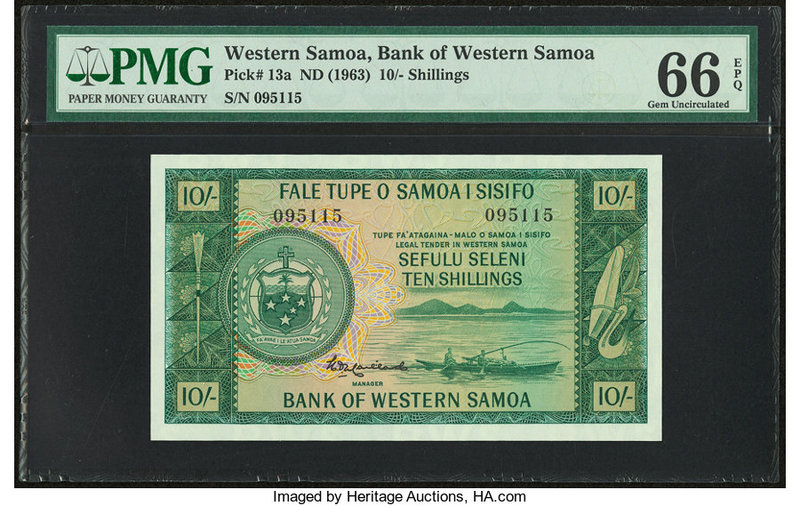 Western Samoa Bank of Western Samoa 10 Shillings ND (1963) Pick 13a PMG Gem Unci...