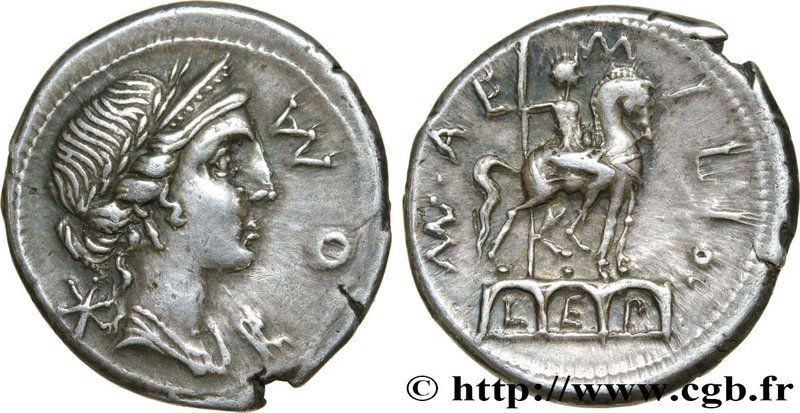 AEMILIA
Type : Denier 
Date : c. 114-113 AC. 
Mint name / Town : Rome 
Metal...