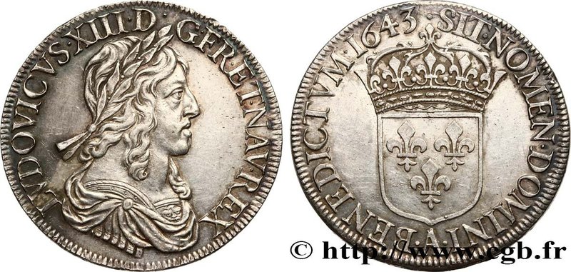 LOUIS XIII
Type : Écu d'argent, 3e type, 2e poinçon de Warin 
Date : 1643 
Mi...