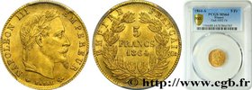SECOND EMPIRE
Type : 5 francs or Napoléon III, tête laurée 
Date : 1864 
Mint name / Town : Paris 
Quantity minted : 2239561 
Metal : gold 
Mill...