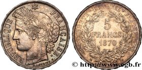 GOUVERNEMENT DE LA DÉFENSE NATIONALE
Type : 5 francs Cérès, avec légende 
Date : 1870 
Mint name / Town : Paris 
Quantity minted : 1185100 
Metal...