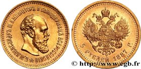 RUSSIA - ALEXANDER III
Type : 5 Roubles 
Date : 1887 
Mint name / Town : Saint-Petersbourg 
Quantity minted : 3261000 
Metal : gold 
Millesimal ...