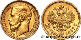 RUSSIA - NICHOLAS II
Type : 15 Roubles 
Date : 1897 
Mint name / Town : Saint-Petersbourg 
Quantity minted : 11900000 
Metal : gold 
Millesimal ...