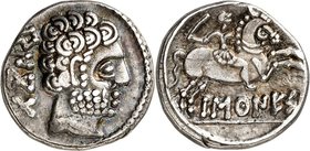 SPANIEN. 
HISPANIA CITERIOR. 
BA(R)SKUNES (die BASKEN, um BENGODA (Pamplona)). Denar (105/40 v.Chr.) 4,16g. Bärtiger Kopf n.r.; l. "BeNCoDa" / Schwe...