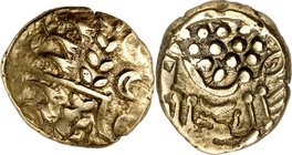 BRITANNIEN. 
Goldstater 65/40 v.Chr. 6,05g, Chute Typ. Stilisierter Apolllonkopf n. r. / Stilisiertes Pferd n. l., darüber Kugeln (12 Stück), unten O...