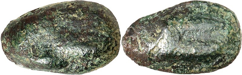 SIZILIEN. 
AKRAGAS (Agrigento). 
AE-Guss Uncia (um 450 v.Chr.) 4,46g. Adlerkop...
