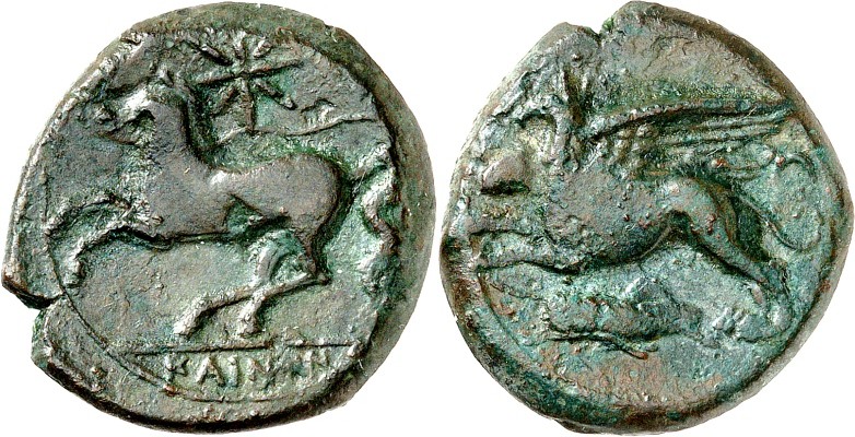SIZILIEN. 
ALAISA. 
AE-23/22mm ca.340-330 v.Chr. 7,95g. Greif n.l., darunter Z...