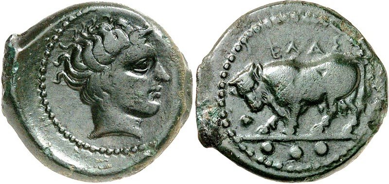 SIZILIEN. 
GELA (Gela). 
AE-Tetras 18mm (420/405 v.Chr.) 4,27g. Kopf d. jugend...