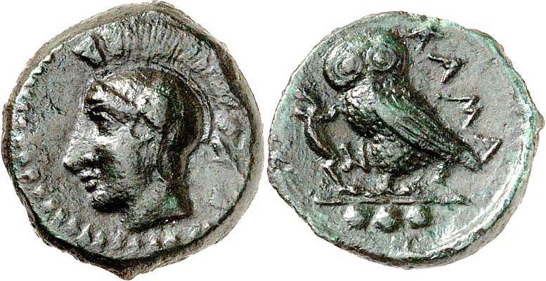 SIZILIEN. 
KAMARINA. 
AE-Tetras 14/15mm (um 410 v.Chr.) 2,64g. Kopf der Athena...