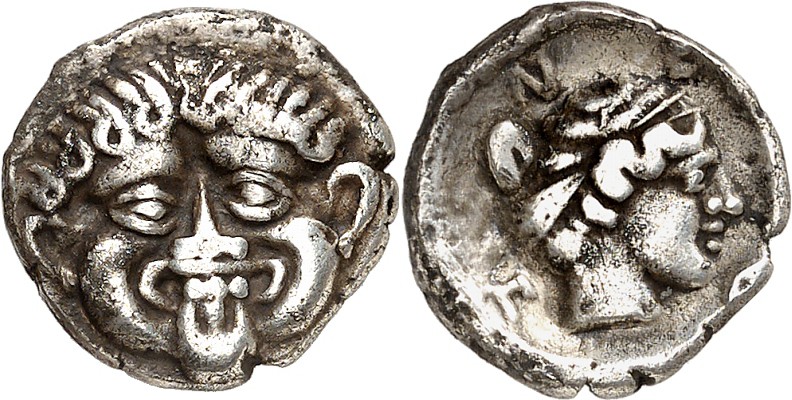 MAKEDONIEN. 
NEAPOLIS (Kavala). 
Triobolon (424/350 v.Chr.) 1,65g. Gorgonenkop...