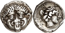 MAKEDONIEN. 
NEAPOLIS (Kavala). 
Triobolon (424/350 v.Chr.) 1,65g. Gorgonenkopf v.v. / N-E-O-P Artemiskopf mit hoch gestecktem Haar n.r. SNG Cop. 22...