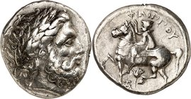 MAKEDONIEN. 
KÖNIGREICH. 
Philippos II. 359-336 v. Chr. Tetradrachmon (355/348 v.Chr.) 14,56g, RHODOS. Zeuskopf n.r. / FILIP-P oY König zu Pferd mit...