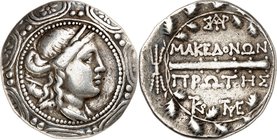 MAKEDONIEN. 
UNTER DEN RÖMERN. 
Anonym 168-146 v. Chr. Tetradrachmon (158/150 v.Chr.) 16,8g, Amphipolis, Magistrat (.) TIK(.) & EYT (.). Makedonisch...