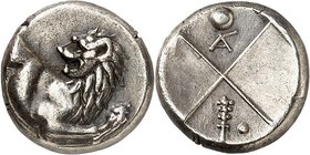 THRAKIEN. 
STÄDTE. 
CHERSONNESOS (Gallipoli). Triobolon (350/330 v.Chr.) 2,04g. Löwenprotome n.r., Kopf n.l. / "Schachbrett"-Incusum mit Kugel über ...
