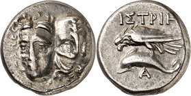THRAKIEN. 
STÄDTE. 
ISTROS (Caranasuf). Drachme (400/300 v.Chr.) 5,50g. Paar Jünglingsköpfe v.v., l. kopfständig / ISTRIH Adler steht n.l. auf Delfi...