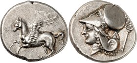 AKARNANIEN. 
STÄDTE. 
LEUKAS (Levkas). Korinthischer Stater (400/330 v.Chr.) 8,56g. Pegasos fliegt n.l.; anepigraph&nbsp;/ Kopf der Athena mit korin...