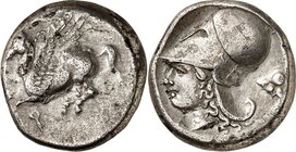 KORINTHIA. 
KORINTH. Stater (344/307 v.Chr.) 8,49g. Pegasos fliegt n.l.; darunter Koppa / Kopf der Athena mit korinthischem Helm n.l.; dahinter Biene...