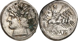 RÖMISCHE REPUBLIK : Silbermünzen. 
Anonym 227-208 v. Chr. Quadrigatus (Didrachmon) (225/214 v.Chr.) 6,69g, unbek. Mzst. Dioskuren-Doppelkopf m. Lkr. ...