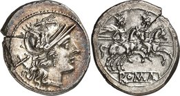 RÖMISCHE REPUBLIK : Silbermünzen. 
Anonym 227-208 v. Chr. Denar (211 und etwas später) 3,85g, Rom. Kopf der Roma mit Flügelhelm n.r.; dahinter Wertze...