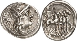 RÖMISCHE REPUBLIK : Silbermünzen. 
Quintus Caecilius Metellus 130 v. Chr. Denar 3,91g. Romakopf n.r. Q METE (ME u. TE ligiert) / Iupiter in Quadriga ...