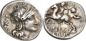 RÖMISCHE REPUBLIK : Silbermünzen. 
Marcus Sergius Silus, Quaestor 116 oder 115 v. Chr. Denar 3,85g und 3,91g. Romakopf n.r.; l. Denarzeichen ROMA - E...