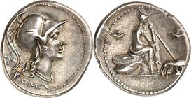 RÖMISCHE REPUBLIK : Silbermünzen. 
Anonym 115-114 v. Chr. Denar 3,91g. Romakopf n.r.; l. X; unten ROMA / Roma sitzt auf Schilden n.r.; vor ihr Lupa, ...