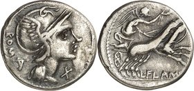 RÖMISCHE REPUBLIK : Silbermünzen. 
Lucius Memmius 109-108 v. Chr. Denar 3,85g. Romakopf n.r. ROMA / Victoria in Biga n.r.; unten L.FLAM[INI] - [CILO]...