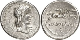 RÖMISCHE REPUBLIK : Silbermünzen. 
Lucius Calpurnius Piso Frugi 90 v. Chr. 153 3,89g. Apollokopf n.r.; l.&nbsp;I; r.&nbsp;E&nbsp;/ Reiter prescht m. ...