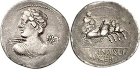 RÖMISCHE REPUBLIK : Silbermünzen. 
Gaius Licinius Lucii filius Macer 84 v. Chr. Denar 3,64g. Veiovisbüste n.l. / C. LICINIVS[. L. F. - MACER Minerva ...