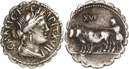 RÖMISCHE REPUBLIK : Silbermünzen. 
Anonym 81 v. Chr. Denar (serratus) (Stempelpaar 17) 3,48g. Ceresbüste n.r. C. MARI. C. F. C-APIT. XVII / Deductio ...