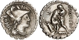 RÖMISCHE REPUBLIK : Silbermünzen. 
Lucius Procilius 80 v. Chr. Denar (serratus) 3,69g. Romakopf n.r. ROMA / C. POBLICI. Q. F. Hercules erwürgt Nemeis...