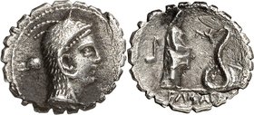 RÖMISCHE REPUBLIK : Silbermünzen. 
Lucius Roscius Fabatus 64 v. Chr. Denar (serratus) 3,55g. Sospitakopf n.r.; unten L.ROSCI / Mädchen steht n.r. vor...